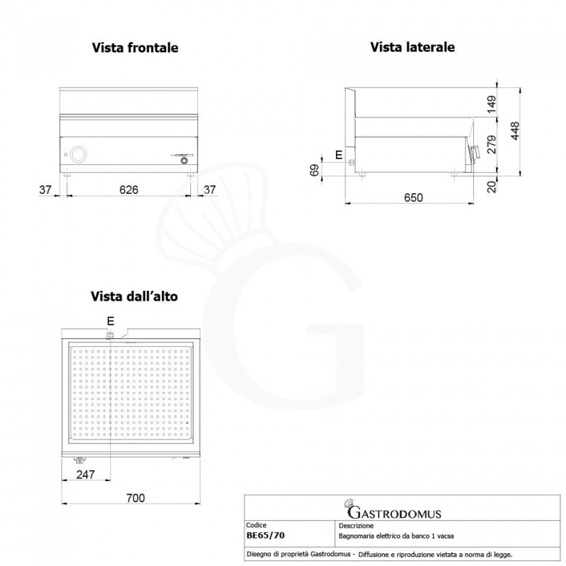 Baño maría eléctrico de sobremesa para cubetas GN A 150 mm L 700 mm x P 650 mm