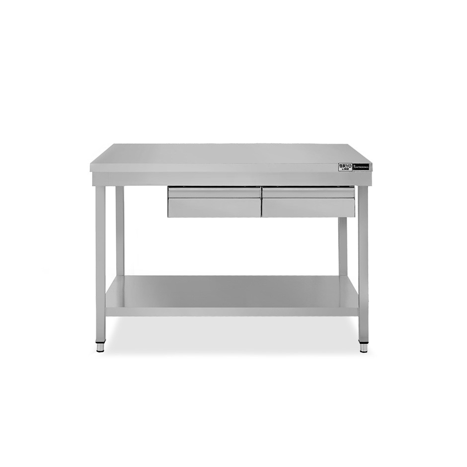 Mesa sencilla de acero inoxidable con encimera y 2 cajones — L 1300 × P 800 × H 865 mm