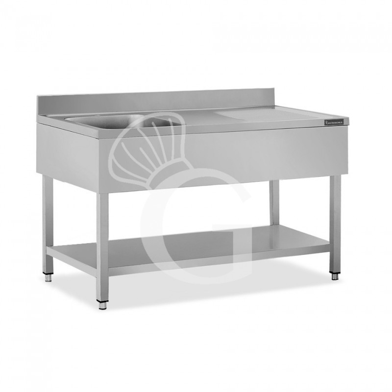 Fregadero inox 1 cubeta y escurridor a la derecha, estante y peto L 1500 mm x P 600 mm x A 950 mm