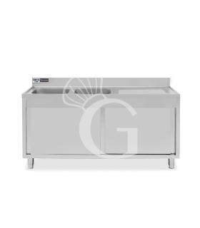 Fregadero con mueble de acero inox, 2 puertas, 2 cubetas,escurridor a la derecha L1600xP700xA965-agujero para el grifo Ø32mm