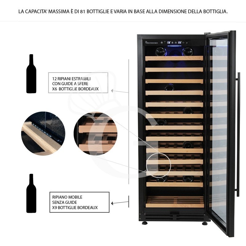 Vinoteca ventilada 288 LT 13 estantes capacidad 81 botellas +5°C/+12°C