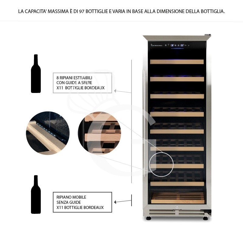 Vinoteca ventilada puerta de acero inoxidable 288 LT 9 estantes 97 botellas +5°C/+22°C