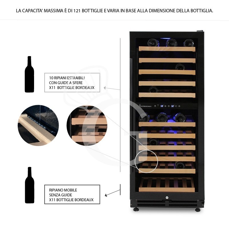 Vinoteca ventilada puerta de acero inoxidable doble temperatura 280 LT 11 estantes 121 botellas +5°C/+22°C