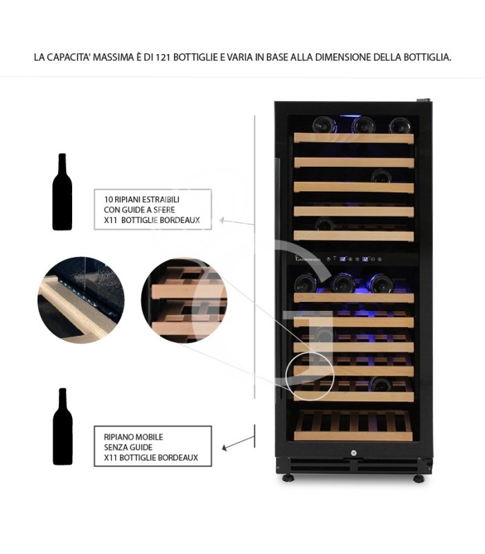 Vinoteca empotrable ventilada doble temperatura 280 LT 11 estantes 121 botellas +5°C/+22°C