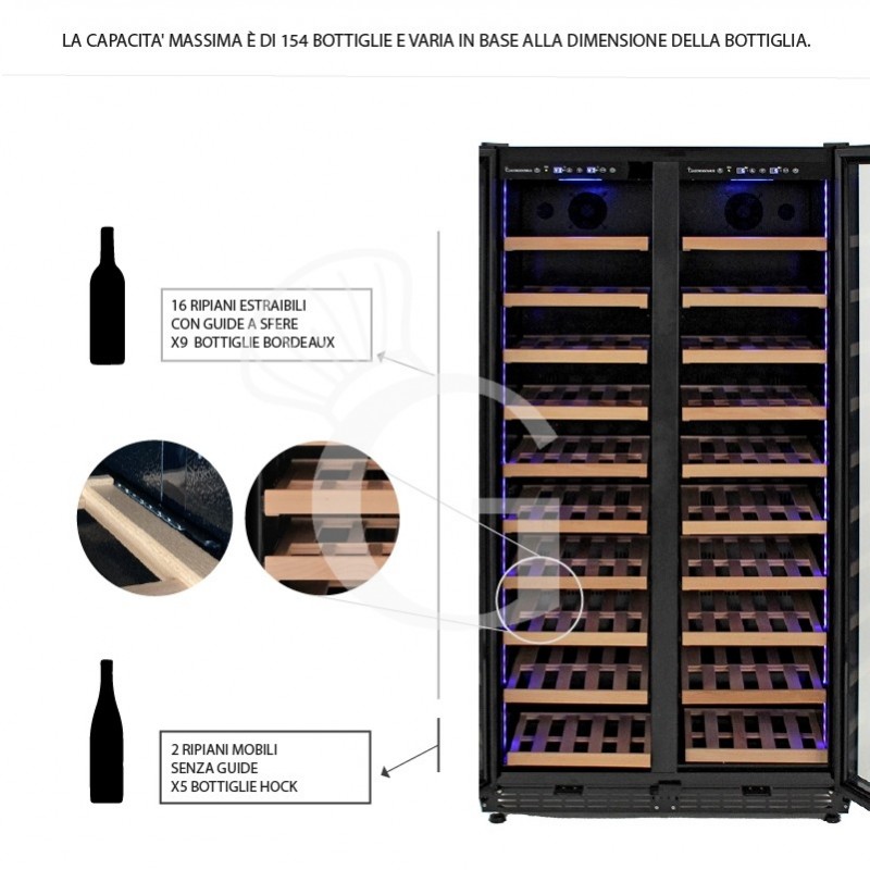 Vinoteca empotrable ventilada doble temperatura 480 LT 18 estantes 154 botellas +5°C/+22°C