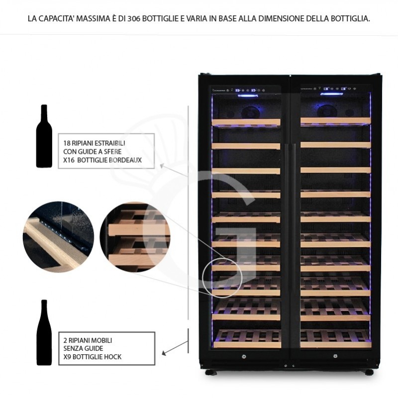 Vinoteca ventilada doble temperatura 800 LT 20 estantes 306 botellas +5°C/+22°C
