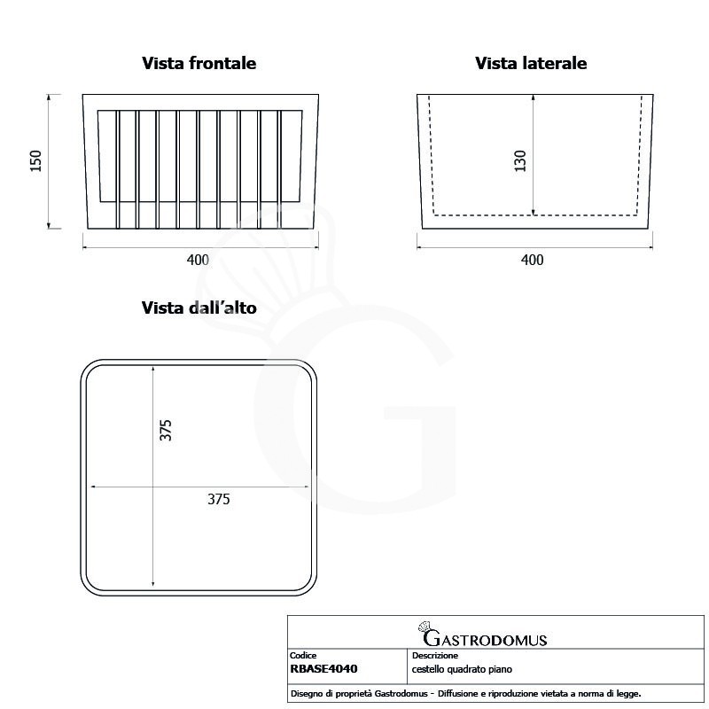 Cesta cuadrada plana con dimensiones L 400 mm x P 400 mm x H 150 mm