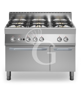 Cocina profesional a gas de 6 fuegos con horno eléctrico de convección y armario neutro, profundidad 700 mm