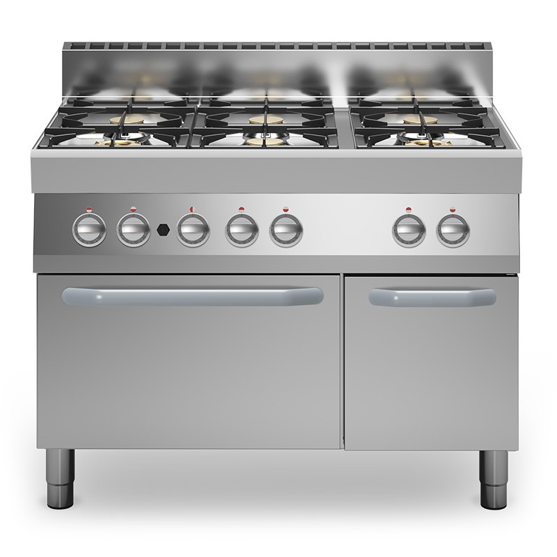 Cocina profesional a gas de 6 fuegos con horno eléctrico de convección y armario neutro, profundidad 700 mm