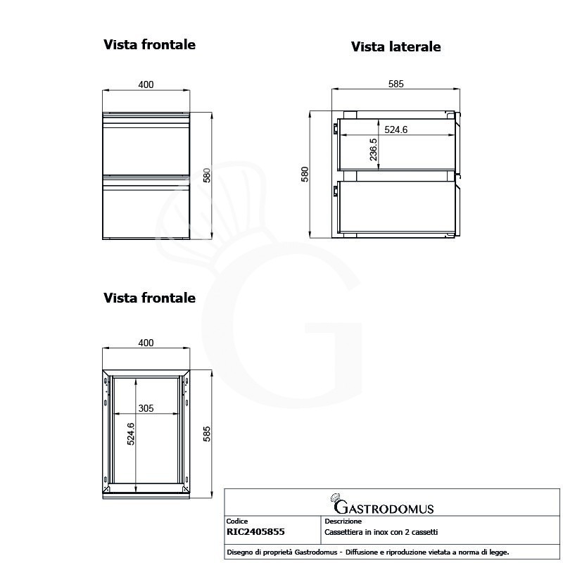 Kit cajones para mesa inox - equipada con 2 cajones, L 400 x P 585 x H 580 mm
