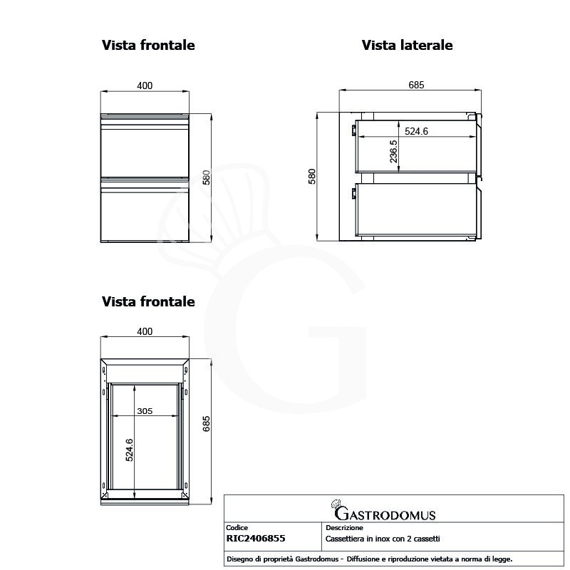 Mesa mural con 2 cajones de acero inoxidable L 400 x P 685 x A 580 mm