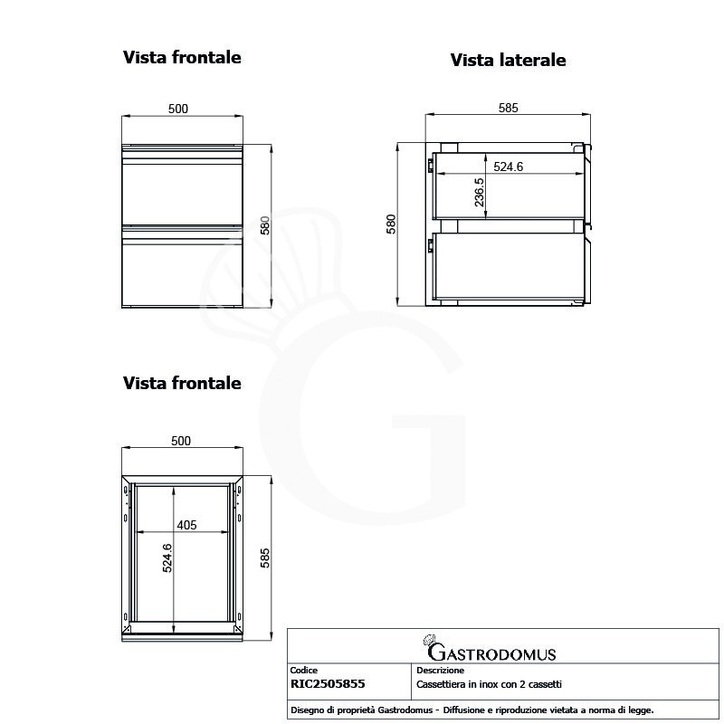 Mesa mural con 2 cajones de acero inoxidable L 500 x P 585 x A 580 mm