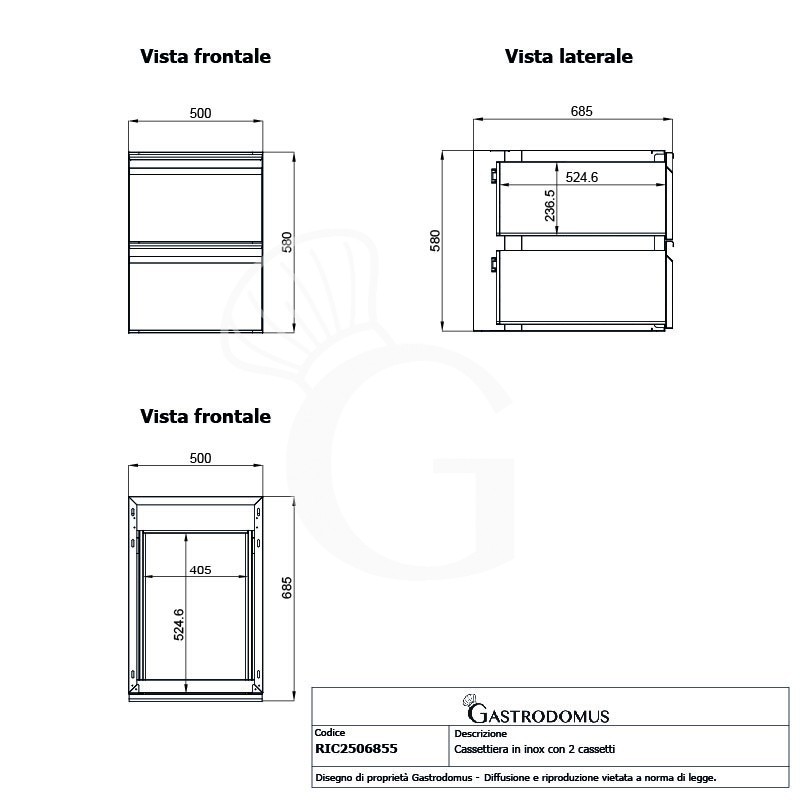 Mesa mural con 2 cajones de acero inoxidable L 500 x P 685 x A 580 mm
