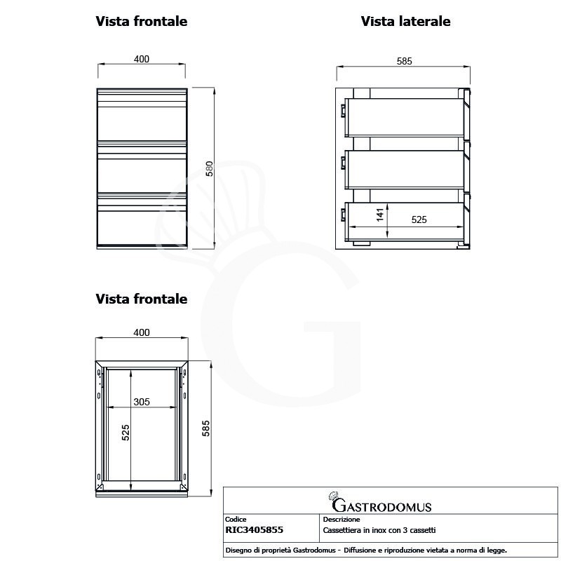 Mesa mural con 3 cajones de acero inoxidable L 400 x P 585 x A 580 mm