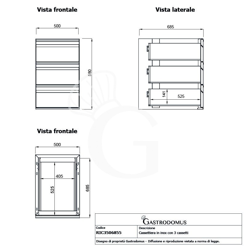 Mesa mural con 3 cajones de acero inoxidable L 500 x P 685 x A 580 mm