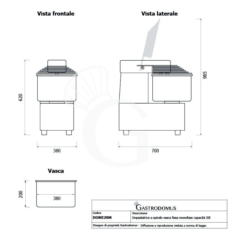 Amasadora con cabezal y cuba fijos, capacidad 20 Lt, tensión monofásica con 1 velocidad