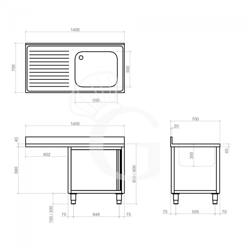Fregadero con mueble y hueco para lavavajillas, 1 cubeta, escurridor a la izquierda L 1400 mm x P 700 mm x A 950 mm