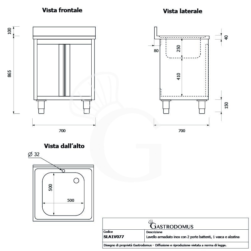 Fregadero con mueble inox con 2 puertas batientes, 1 cubeta, peto L 700 mm x P 700 mm x A 965 mm agujero grifo Ø32mm