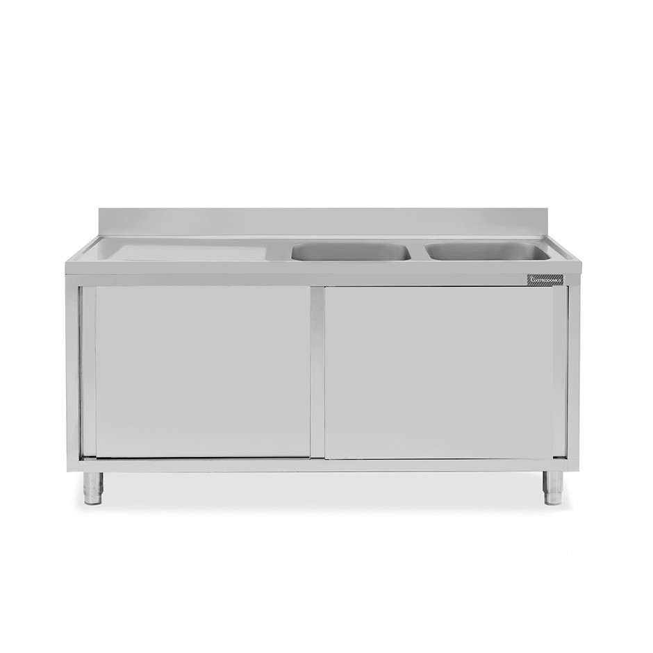 Fregadero con mueble inox 2 puertas correderas, 2 cubetas, escurridor a la izquierda y peto L1400xP600xA950