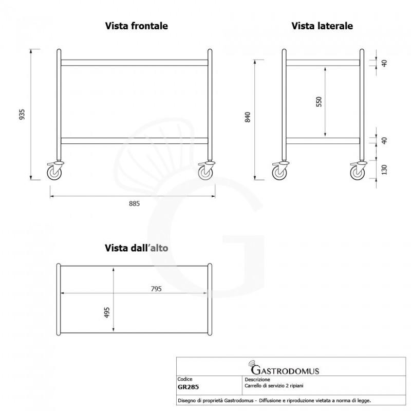 Carro de servicio de acero inoxidable con 2 estantes L 885 mm x P 590 mm x A 935 mm
