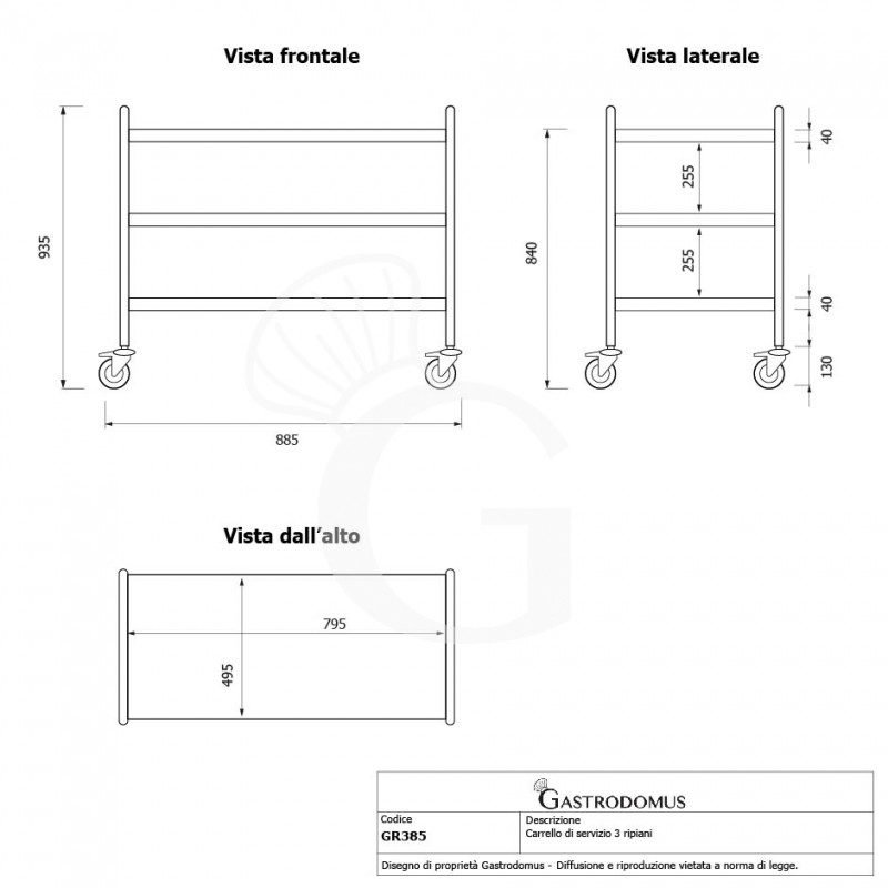 Carro de servicio de acero inoxidable con 3 estantes L 885 mm x P 590 mm x A 935 mm