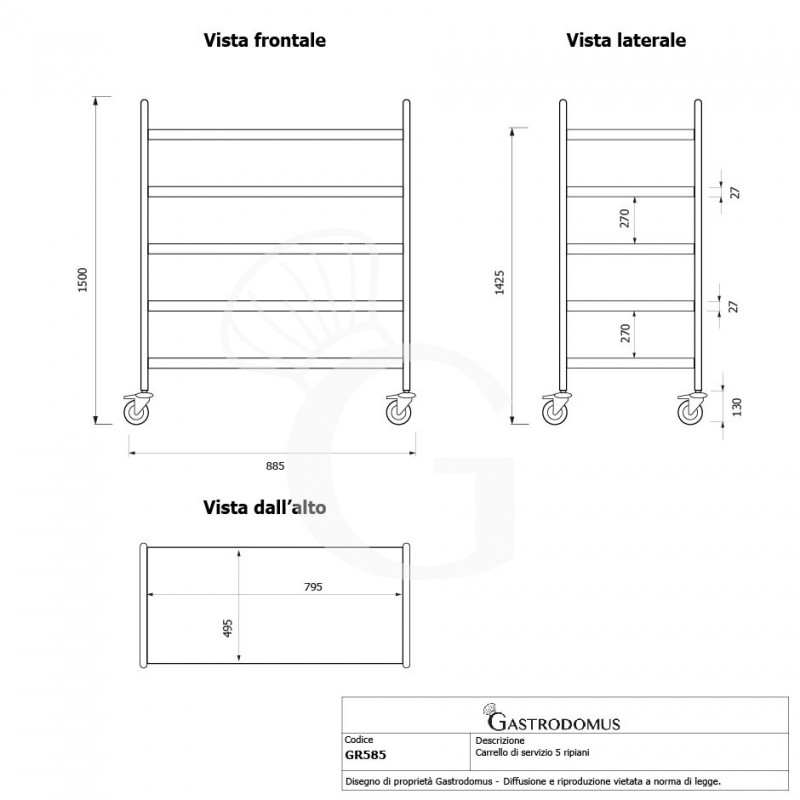 Carro de servicio de acero inoxidable con 5 estantes L 800 mm x P 500 mm x A 1500 mm