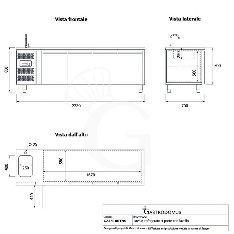 Mesa refrigerada 4 puertas con fregadero y grifo, P 700 mm +2°C/+8°C motor a la izquierda, clase de eficiencia energética B