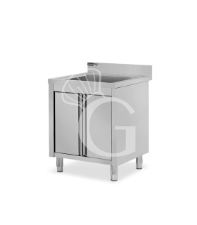 Fregadero con mueble inox con 2 puertas batientes, 1 cubeta, peto L700mmxP600mmxA965mm con agujero para el grifo de Ø 32 mm