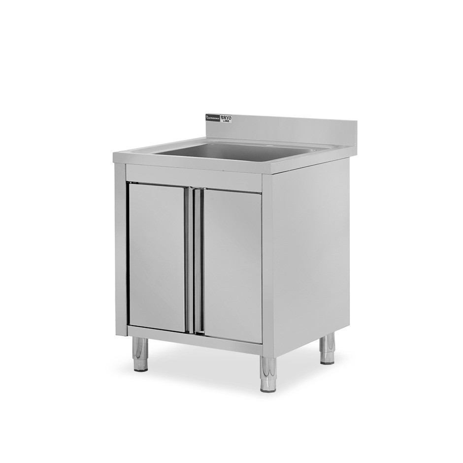 Fregadero con mueble inox con 2 puertas batientes, 1 cubeta, peto L700mmxP600mmxA965mm con agujero para el grifo de Ø 32 mm