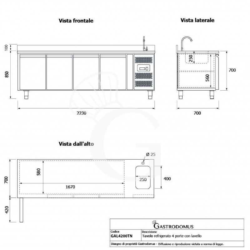 Mesa refrigerada 4 puertas con fregadero y peto motor derecho, Prof. 700 mm Temp.  -2°C/+8°C con grifo en dotación