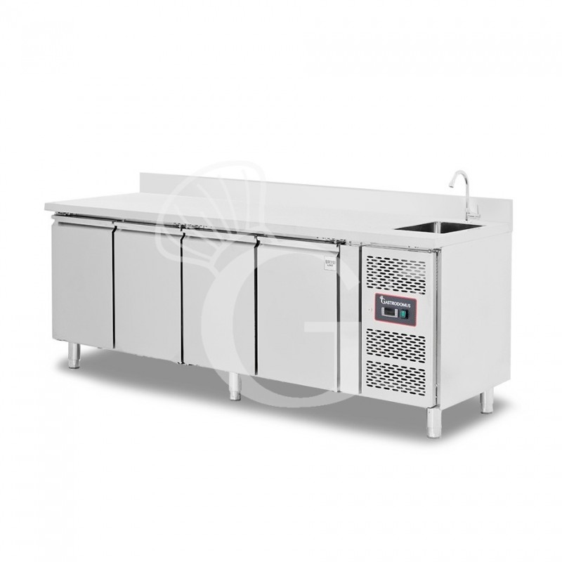 Mesa  refrigerada con fregadero equipada con 4 puertas, profundidad 700 mm, temperatura +2°C/+8°C - grifo Ø 25 mm