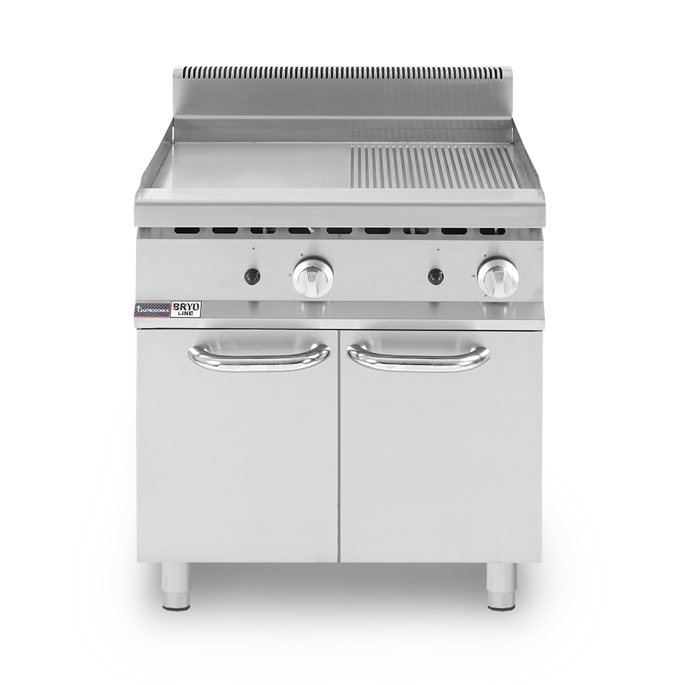 Fry top a gas en armario cerrado con placa 1/2 lisa 1/2 acanalada