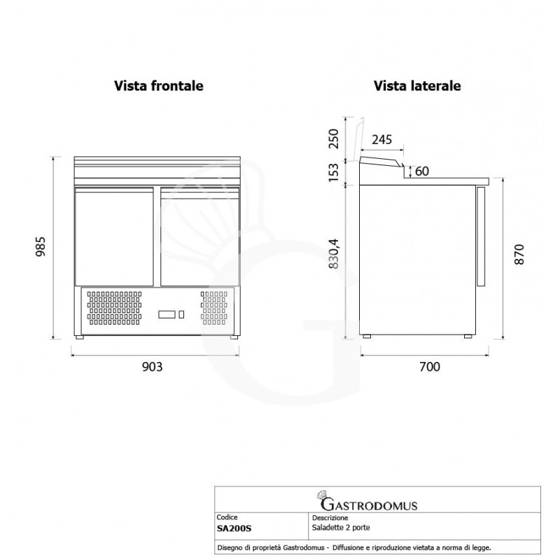 Mesa fría refrigerada con 2 puertas, temperatura +2 °C / +8 °C, con tapa de acero inoxidable