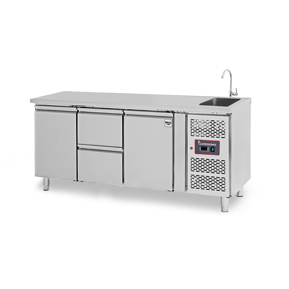 Mesa fregadero refrigerada equipada con 2 cajones y 2 puertas, profundidad 700 mm, temperatura +2°C/+8°C - grifo Ø 25 mm