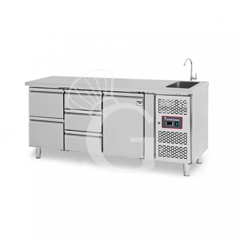 Mesa fregadero refrigerada equipada con 5 cajones y 1 puerta, profundidad 700 mm, temperatura +2°C/+8°C - grifo Ø 25 mm