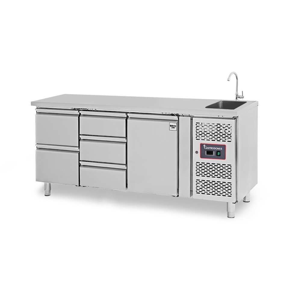 Mesa fregadero refrigerada equipada con 5 cajones y 1 puerta, profundidad 700 mm, temperatura +2°C/+8°C - grifo Ø 25 mm
