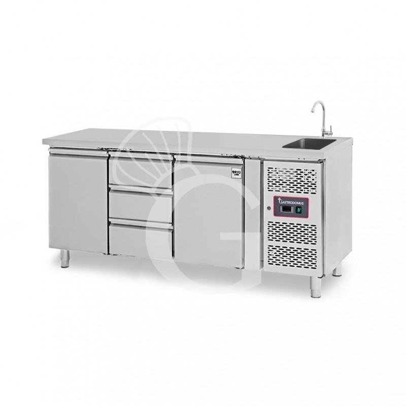 Mesa fregadero refrigerada equipada con 3 cajones y 2 puertas, profundidad 700 mm, temperatura +2°C/+8°C - grifo Ø 25 mm