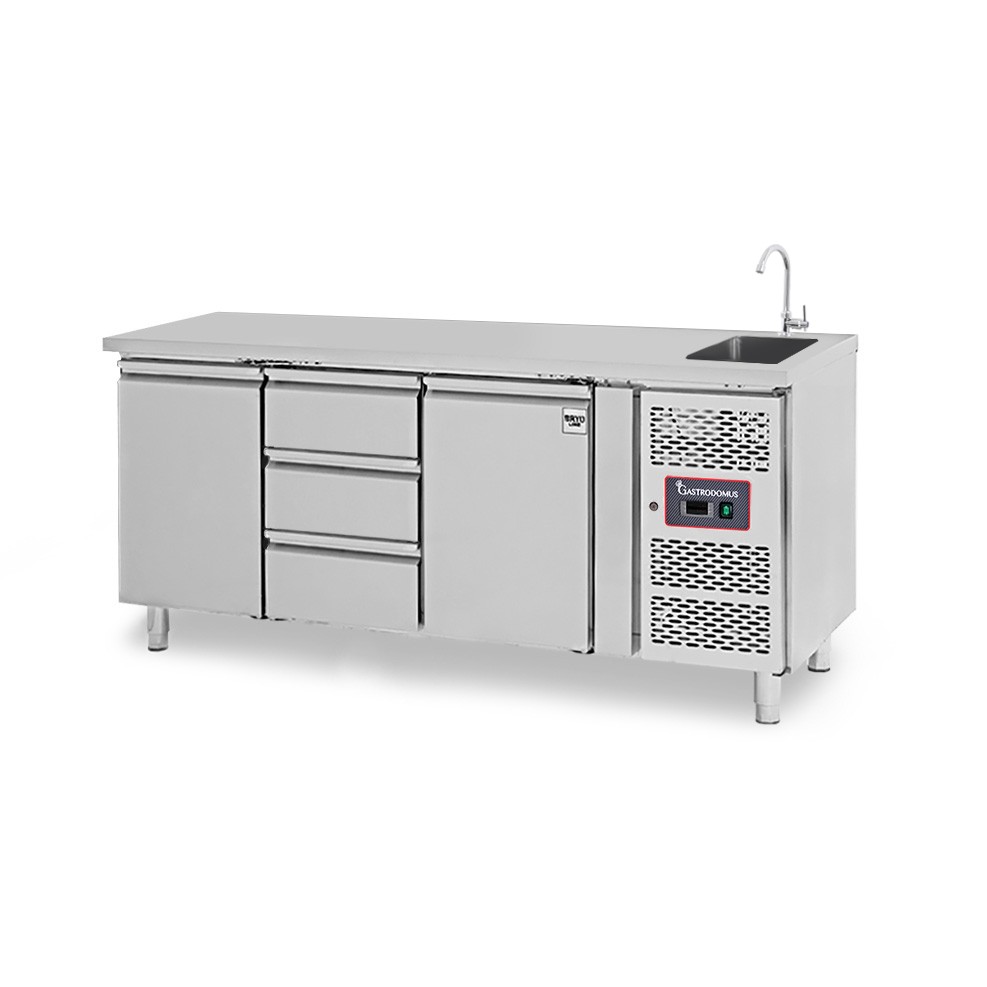 Mesa fregadero refrigerada equipada con 3 cajones y 2 puertas, profundidad 700 mm, temperatura +2°C/+8°C - grifo Ø 25 mm