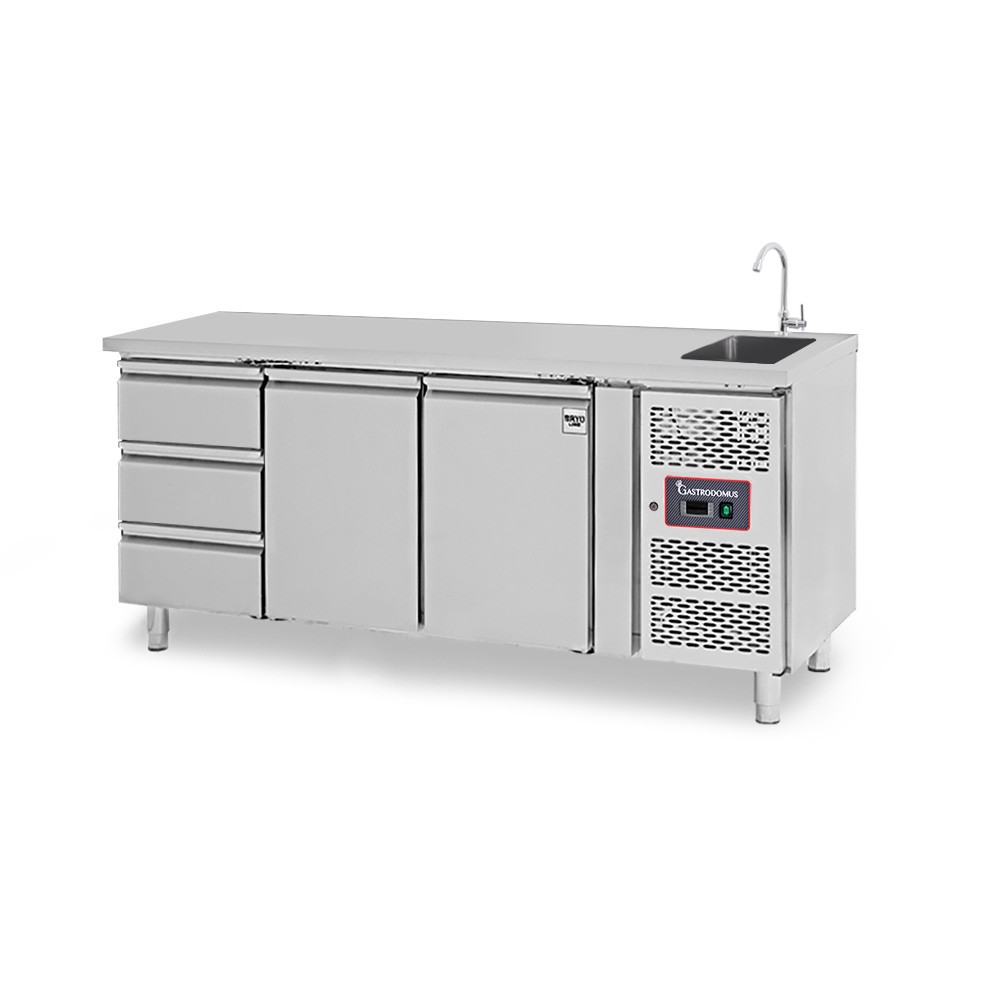 Mesa fregadero refrigerada equipada con 3 cajones y 2 puertas, profundidad 700 mm, temperatura +2°C/+8°C - grifo Ø 25 mm