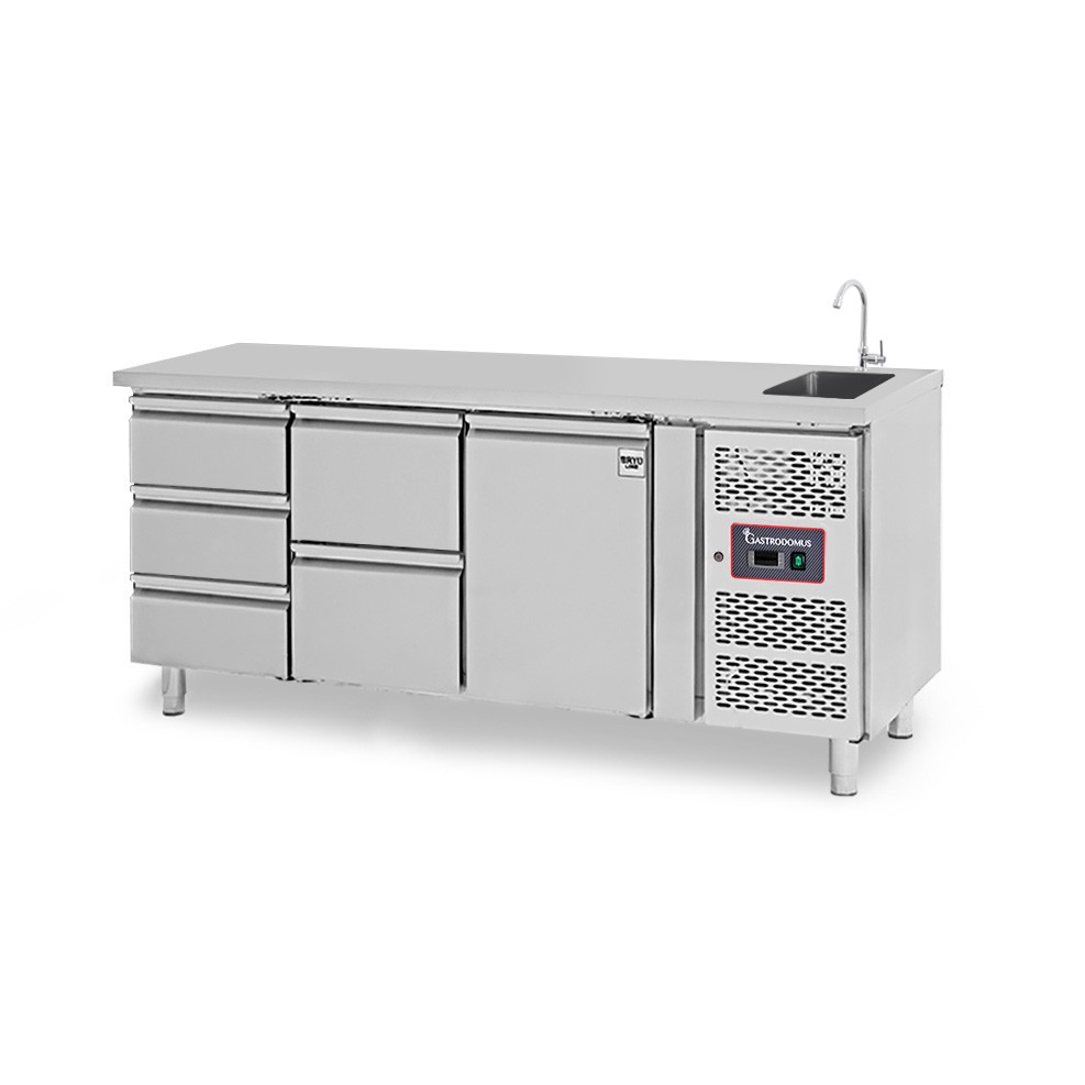 Mesa fregadero refrigerada equipada con 5 cajones y 1 puerta, profundidad 700 mm, temperatura +2°C/+8°C - grifo Ø 25 mm