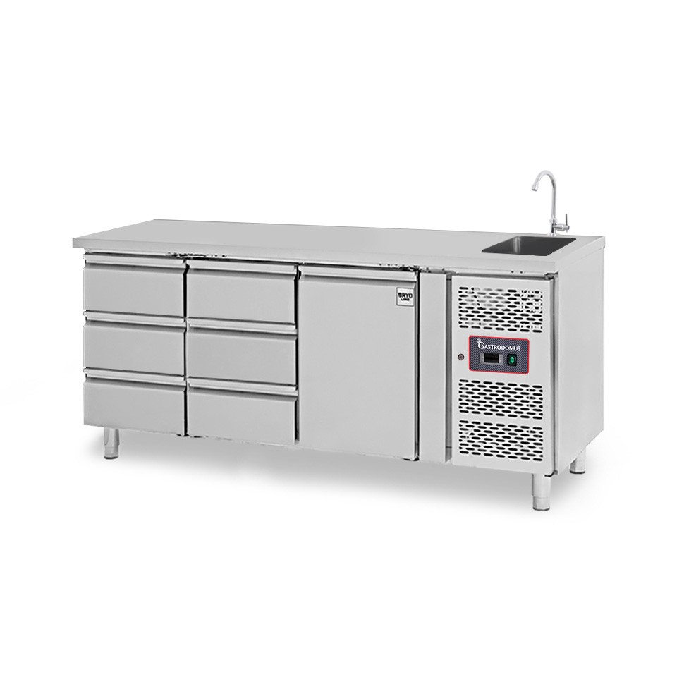 Mesa fregadero refrigerada equipada con 6 cajones y 1 puerta, profundidad 700 mm, temperatura +2°C/+8°C - grifo Ø 25 mm