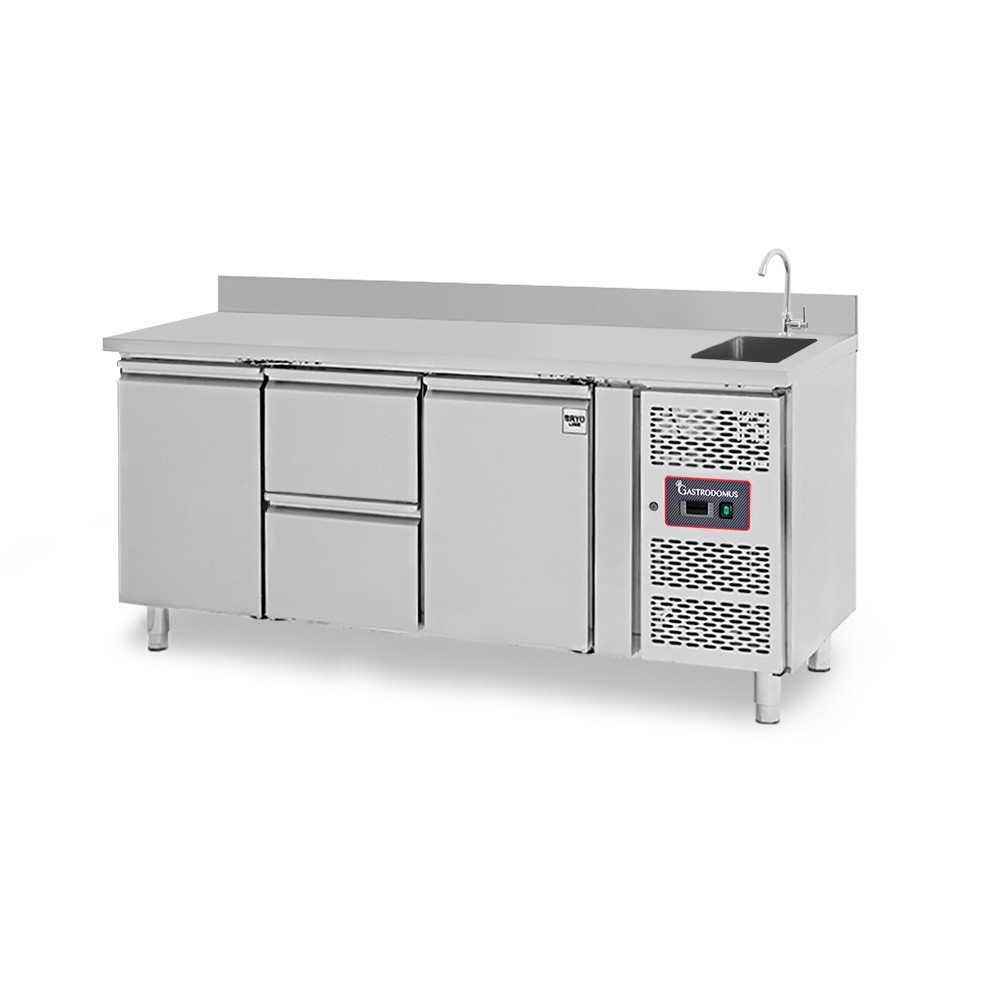 Mesa fregadero refrigerada con peto equipada con 2 cajones y 2 puerta, profundidad 700 mm, temperatura +2°C/+8°C - grifo Ø 25 mm