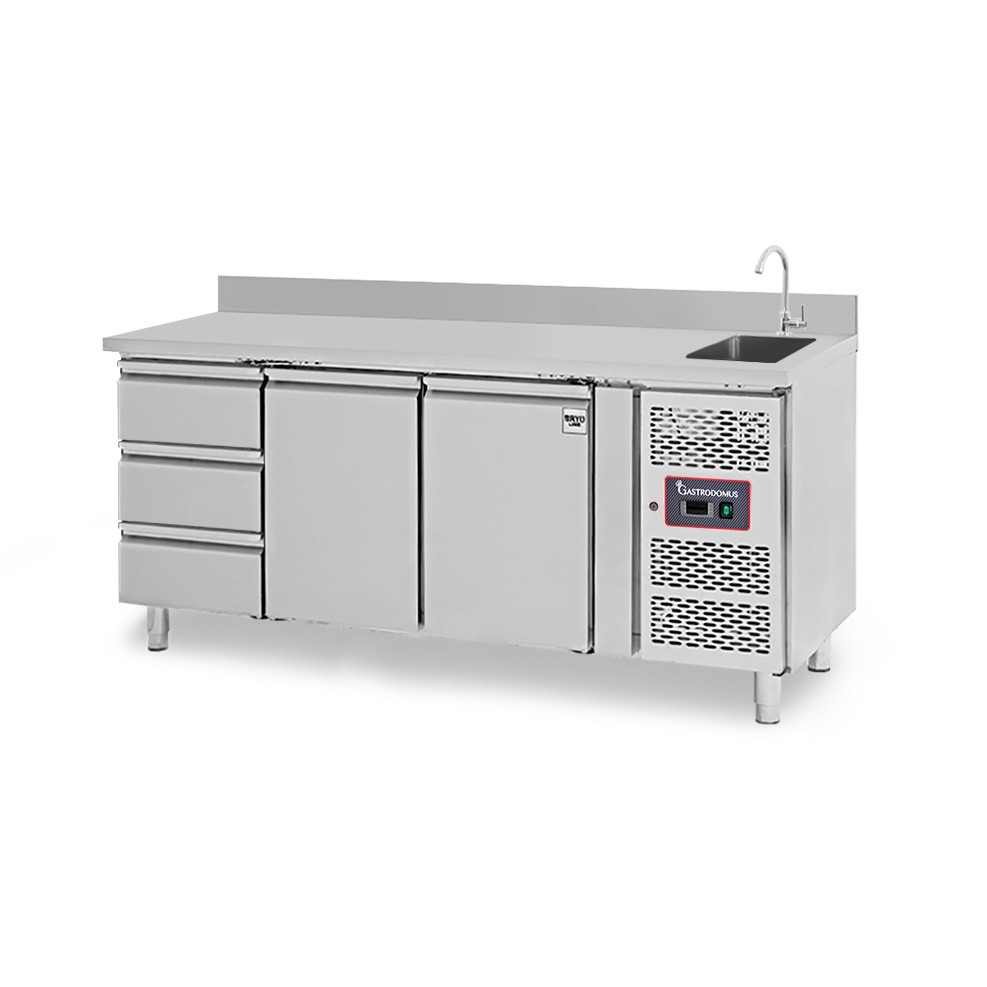 Mesa fregadero refrigerada equipada con 3 cajones , 2 puertas y peto, profundidad 700 mm, temperatura +2°C/+8°C - grifo Ø 25 mm