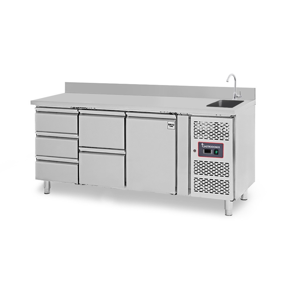 Mesa fregadero refrigerada con peto equipada con 5 cajones y 1 puerta, profundidad 700 mm, temperatura +2°C/+8°C - grifo Ø 25 mm