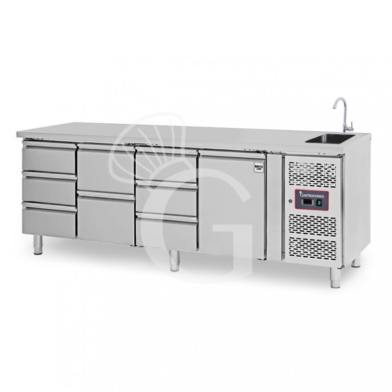 Mesa fregadero refrigerada con 8 cajones y 1 puerta , profundidad 700 mm, temperatura +2°C/+8°C - grifo Ø 25 mm