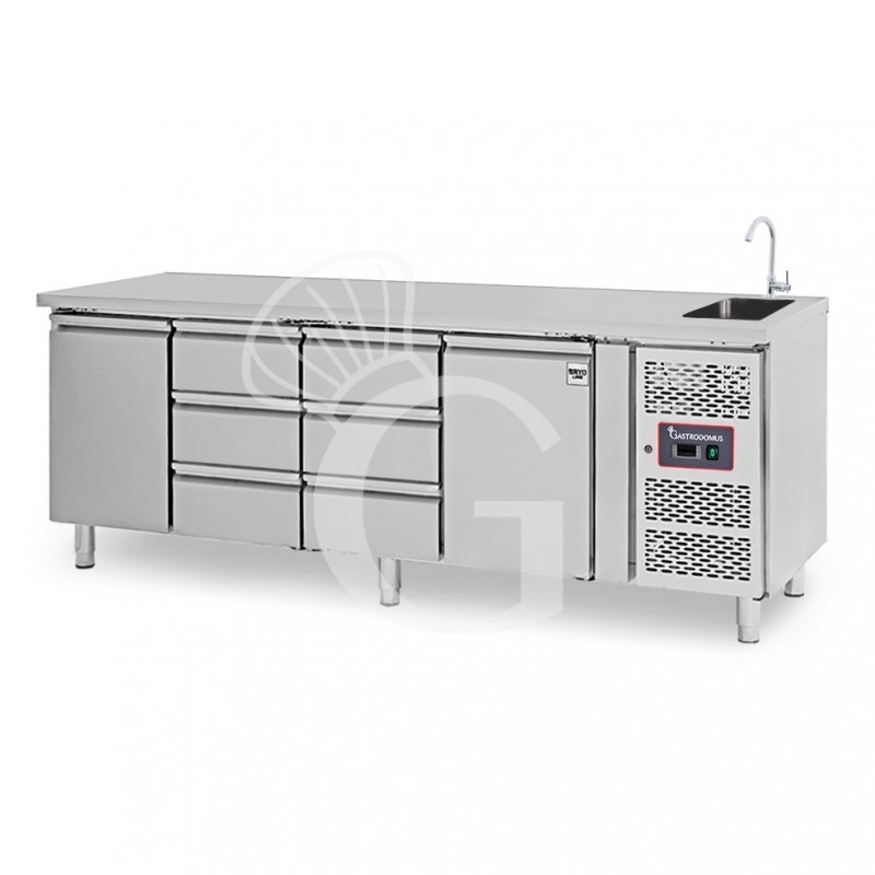 Mesa fregadero refrigerada equipada con 6 cajones y 2 puertas , profundidad 700 mm, temperatura +2°C/+8°C - grifo Ø 25 mm