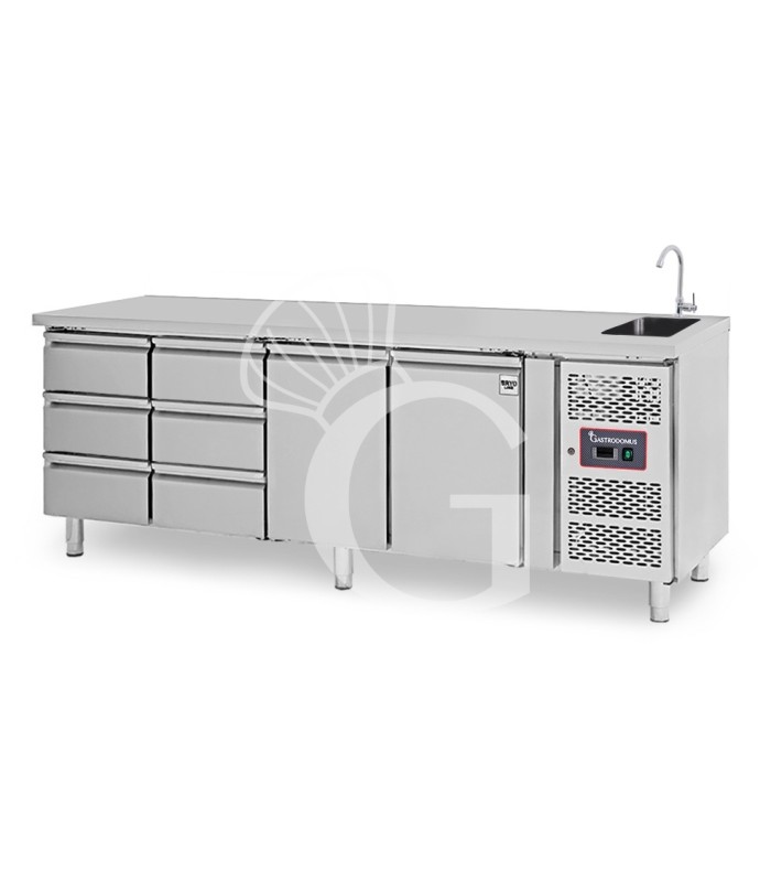 Mesa fregadero refrigerada equipada con 6 cajones y 2 puertas , profundidad 700 mm, temperatura +2°C/+8°C - grifo Ø 25 mm