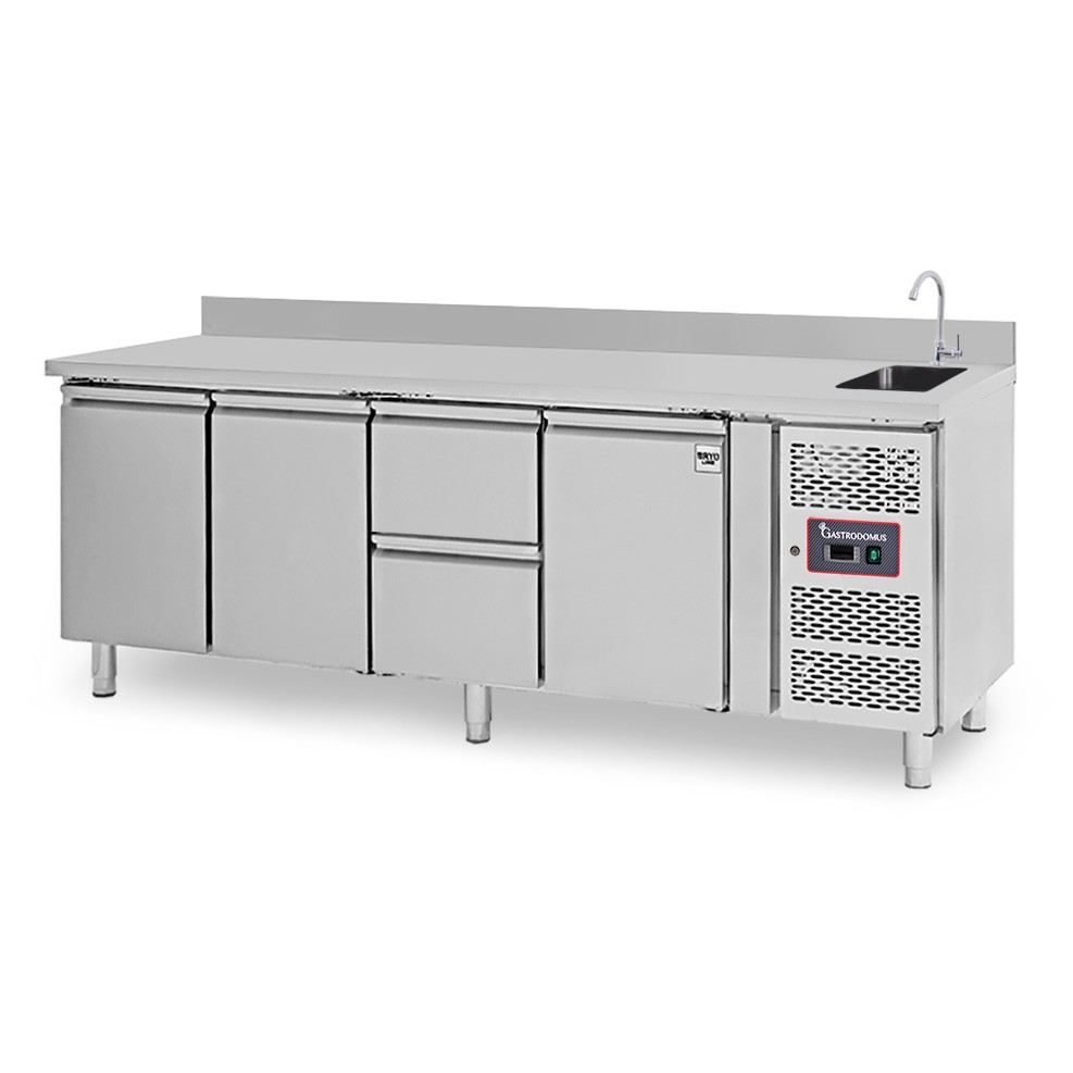 Mesa fregadero refrigerada equipada con 2 cajones, 3 puertas y peto, profundidad 700 mm, temperatura +2°C/+8°C - grifo Ø 25 mm