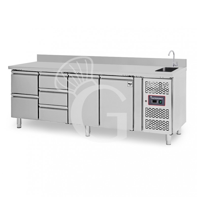 Mesa fregadero refrigerada  con 5 cajones y 2 puertas con peto, profundidad 700 mm, temperatura +2°C/+8°C - grifo Ø 25 mm