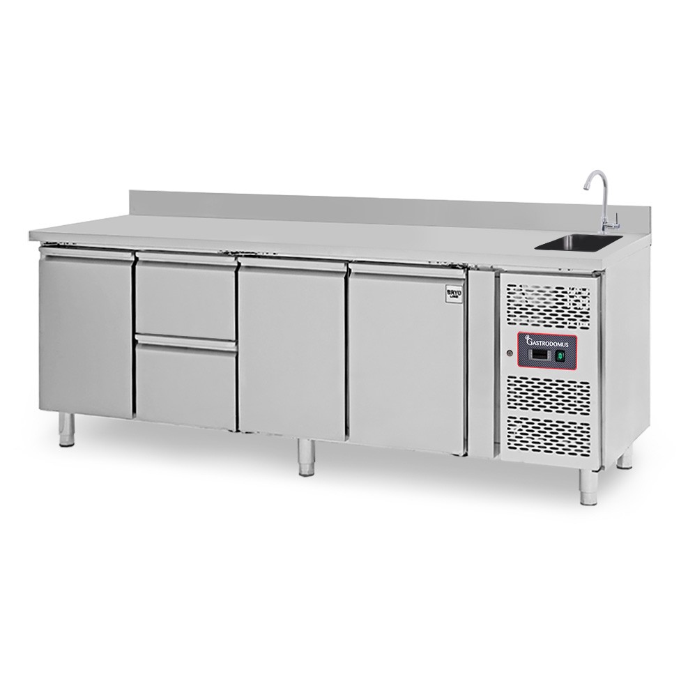 Mesa refrigerada 2 cajones 3 puertas con fregadero y peto , Prof.700 mm, Temp. +2ºC/+8ºC , grifo incluido